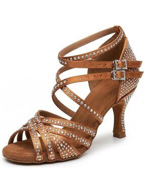 Women's Brown Rhinestone Latin Satin Ballroom Salsa Party Heel Dance Shoes